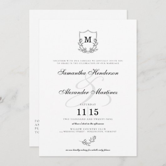 Invitation Elégant noir & blanc Crest Détails et Mariage QR (Devant / Derrière)