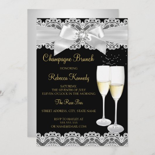 Invitation Élégant noir blanc dentelle Champagne Brunch Invit (Devant / Derrière)