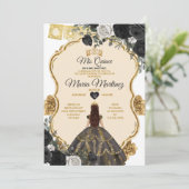 Invitation Elégant noir blanc et or Floral Mis Quince (Debout devant)
