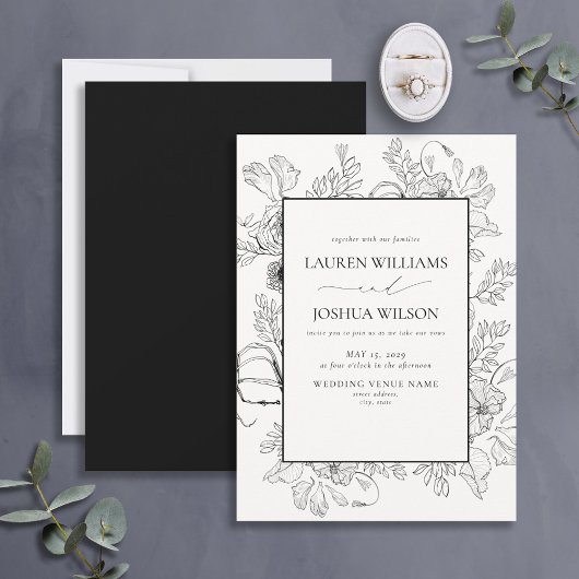 Invitation Élégant noir blanc Floral Line Mariage