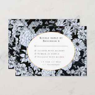 Invitation Elégant noir blanc floral mariage RSVP