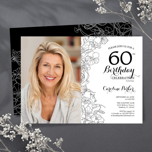 Invitation Elégant noir blanc floral photo 60e anniversaire