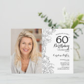Invitation Elégant noir blanc floral photo 60e anniversaire (Debout devant)