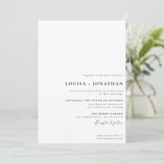 Invitation Élégant noir blanc Formal Script Mariage minimal (Debout devant)