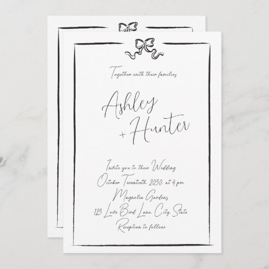 Invitation Elégant noir & blanc main tiré Bow (Devant / Derrière)