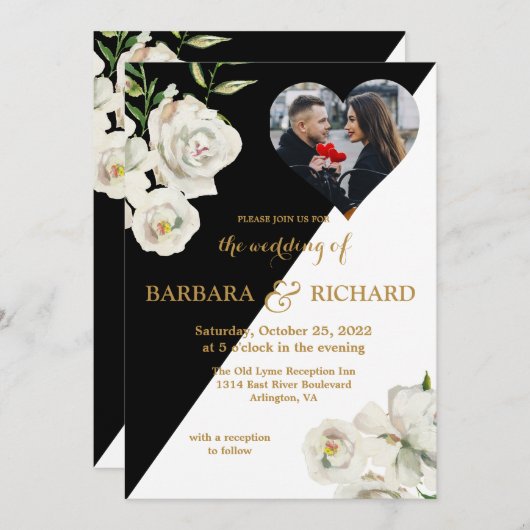Invitation Élégant noir blanc Mariage photo (Devant / Derrière)