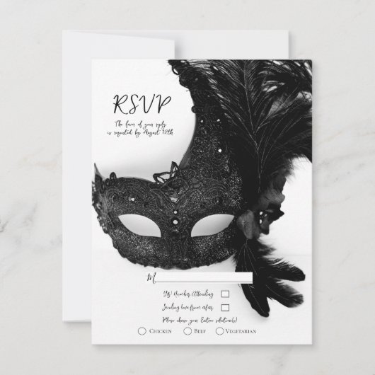 Invitation Elégant Noir Blanc Mascarade Masque Mariage RSVP (Devant)