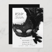 Invitation Elégant Noir Blanc Mascarade Masque Mariage RSVP (Devant / Derrière)