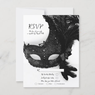 Invitation Elégant Noir Blanc Mascarade Masque Mariage RSVP