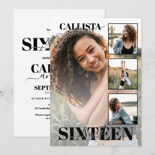 Invitation Elégant noir blanc moderne quatre photo doux 16 (Devant / Derrière)