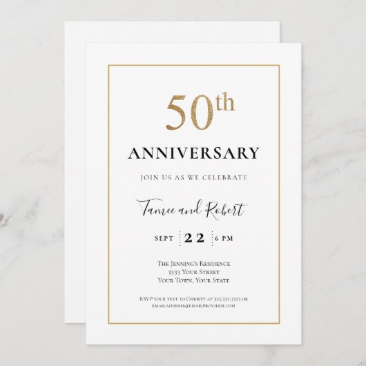 Invitation Élégant Noir Blanc Or 50e Anniversaire de Mariage  (Devant / Derrière)