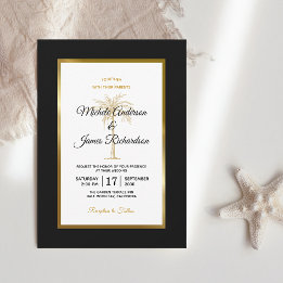 Invitation Elégant Noir Blanc Or Palm Tree Mariage moderne