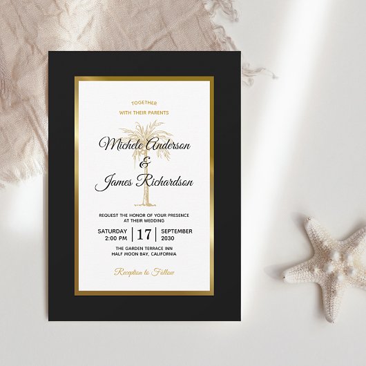 Invitation Elégant Noir Blanc Or Palm Tree Mariage moderne