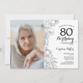 Invitation Elégant noir blanc photo florale 80e anniversaire (Devant)