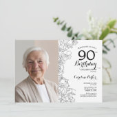 Invitation Elégant noir blanc photo florale 90e anniversaire (Debout devant)