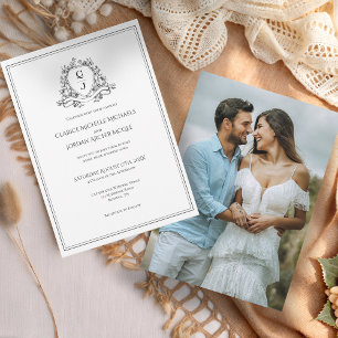 Invitation Elégant noir blanc photo Monogramme Crest Mariage