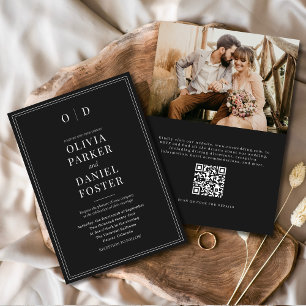 Invitation Élégant noir blanc photo QR Code Mariage