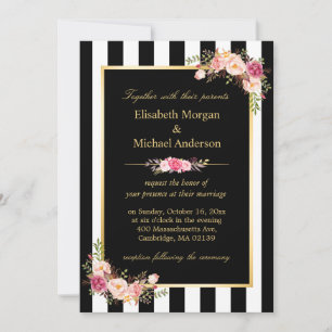 Invitation Élégant noir blanc rayures or Mariage Floral