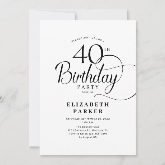 Invitation Élégant noir blanc Script 40e anniversaire (Devant)