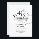 Invitation Élégant noir blanc Script 40e anniversaire<br><div class="desc">Elégante simple noir blanc 40e anniversaire invitation de fête. Design élégant avec police de script de typographie. Carte invitation tendance parfaite pour une célébration anniversaire élégante. Peut être customisé à n'importe quel âge. Invitations Zazzle imprimées ou téléchargement instantané modèle imprimable numérique.</div>