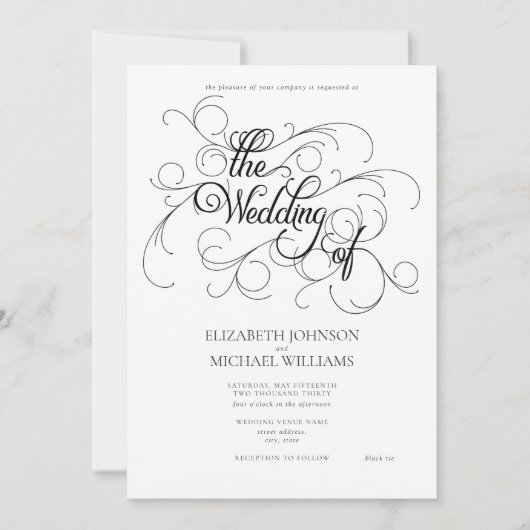 Invitation Élégant noir & blanc Script noir Cravate Mariage I (Devant)