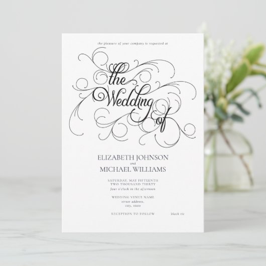 Invitation Élégant noir & blanc Script noir Cravate Mariage I (Debout devant)