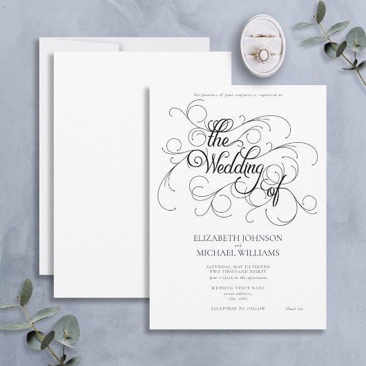 Invitation Élégant noir & blanc Script noir Cravate Mariage I