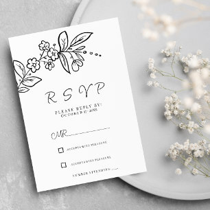 Invitation Elégant noir blanc simple floral RSVP
