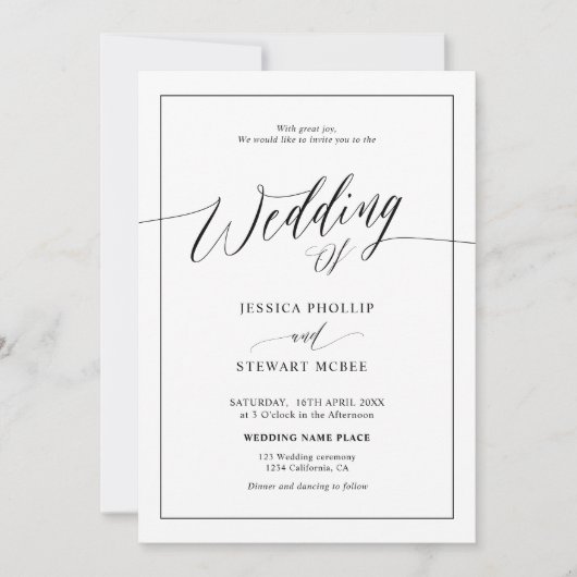 Invitation Élégant noir blanc tout en un mariage de script (Devant)