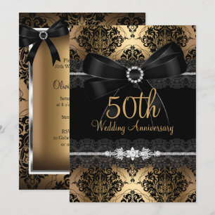 Invitation Elegant Noir Bow & Damask Or 50e Anniversaire 2