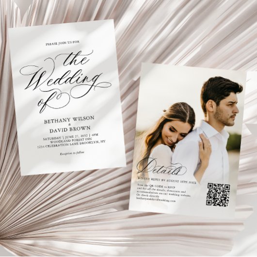 Invitation Élégant noir calligraphie photo QR Code Mariage