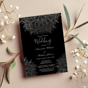 Invitation Elégant noir chic argent Mariage floral