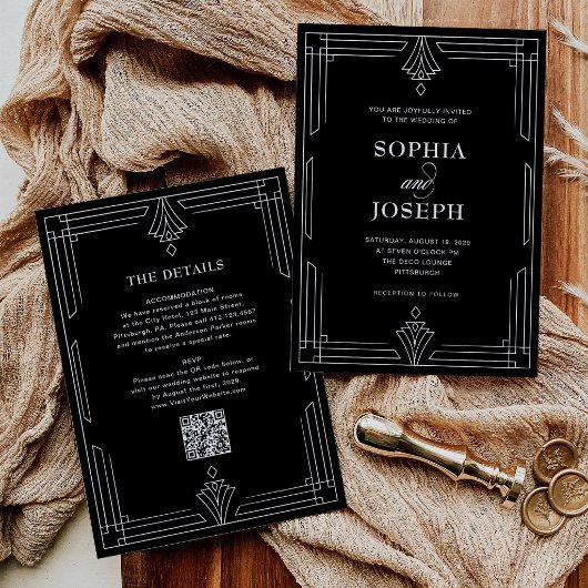 Invitation Élégant Noir | Code QR Tout en Un Mariage