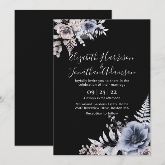 Invitation Elégant noir crème aquarelle Mariage floral (Devant / Derrière)