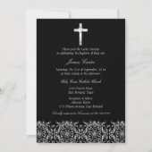 Invitation Elégant noir Damas & Cross Baptême / Christening (Devant)