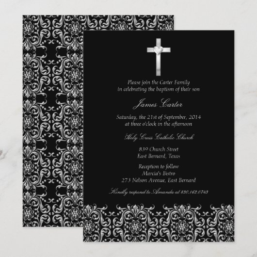 Invitation Elégant noir Damas & Cross Baptême / Christening (Devant / Derrière)