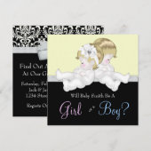 Invitation Elégant noir Damask Genre Reveal (Devant / Derrière)