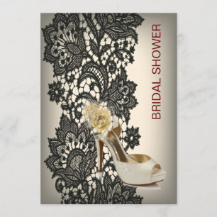 Invitation élégant noir dentelle beige vintage douche nuptial