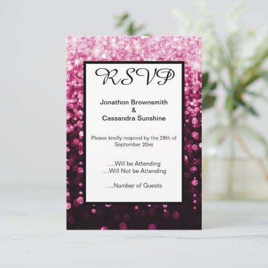 INVITATION ÉLÉGANT NOIR DIAMANT ROSE CASCADE RSVP (Debout devant)