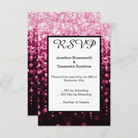 INVITATION ÉLÉGANT NOIR DIAMANT ROSE CASCADE RSVP (Devant / Derrière)