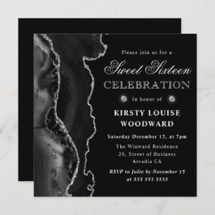 Invitation Elégant noir et argent Parties scintillant Agate S
