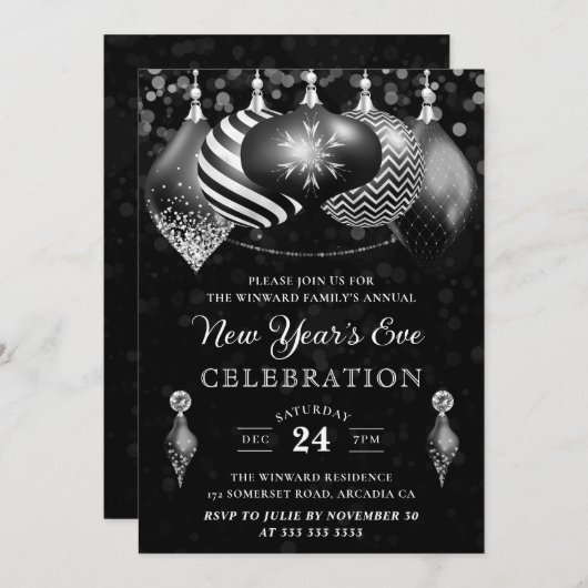 Invitation Élégant noir et blanc Baubles d'hiver Nouvel An (Devant / Derrière)