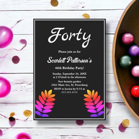 Invitation Elégant noir et blanc brillant Feuilles 40e annive