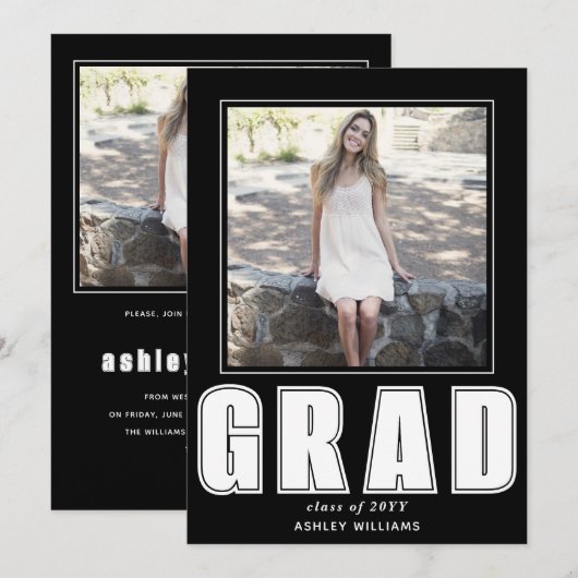 Invitation Élégant noir et blanc Classe GRAD de 2025 photo (Devant / Derrière)
