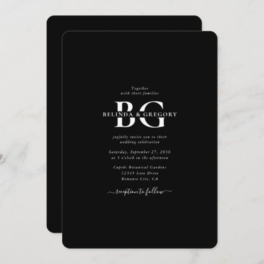 Invitation Élégant Noir et Blanc Monogramme Initiales Mariage (Devant / Derrière)