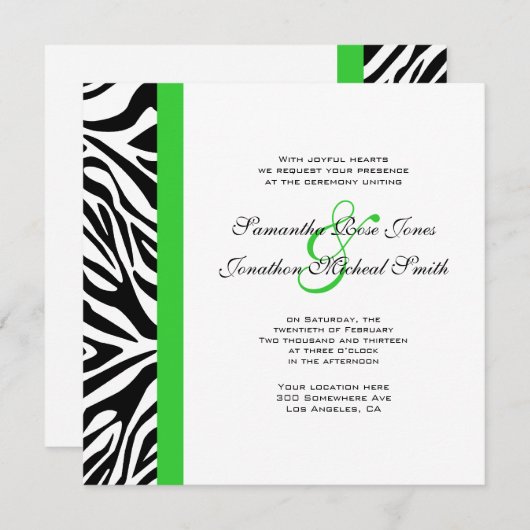 Invitation Élégant noir et blanc Zebra Lime Mariage vert (Devant / Derrière)