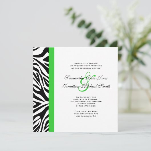 Invitation Élégant noir et blanc Zebra Lime Mariage vert (Debout devant)