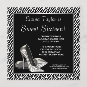 Invitation Élégant noir et blanc Zèbre doux 16 Party