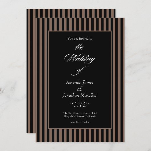 Invitation Élégant noir et Brown Mariage de bandes verticales (Devant / Derrière)