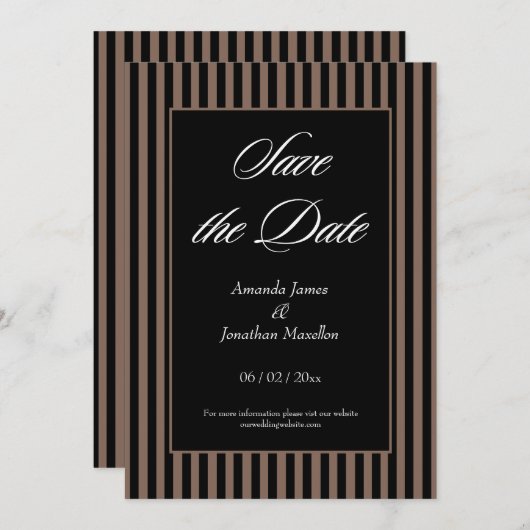 Invitation Elégant noir et Brown rayures Enregistrer la date (Devant / Derrière)